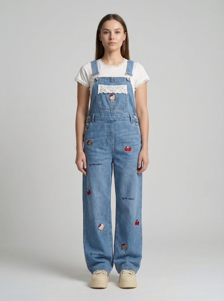 Plus Size Cartoon Cat Denim Overalls, Retro Street Style, Loose Wide-Leg Floor-Length Jumpsuit