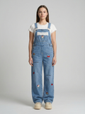 Plus Size Cartoon Cat Denim Overalls, Retro Street Style, Loose Wide-Leg Floor-Length Jumpsuit