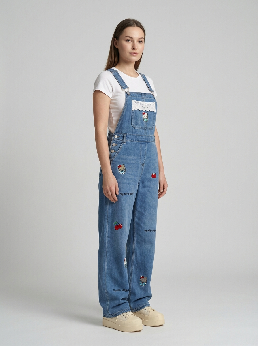 Plus Size Cartoon Cat Denim Overalls, Retro Street Style, Loose Wide-Leg Floor-Length Jumpsuit