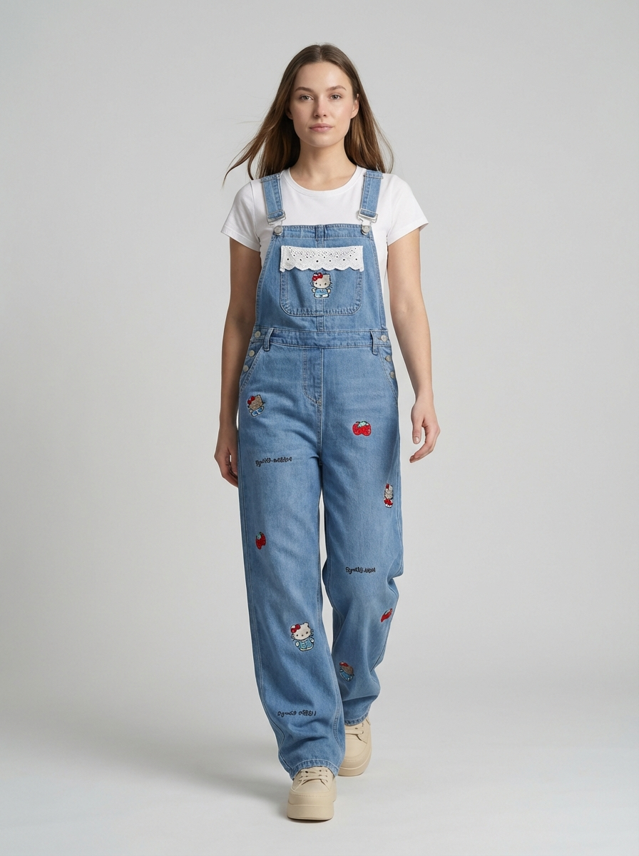 Plus Size Cartoon Cat Denim Overalls, Retro Street Style, Loose Wide-Leg Floor-Length Jumpsuit