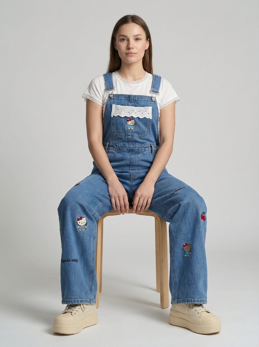 Plus Size Cartoon Cat Denim Overalls, Retro Street Style, Loose Wide-Leg Floor-Length Jumpsuit