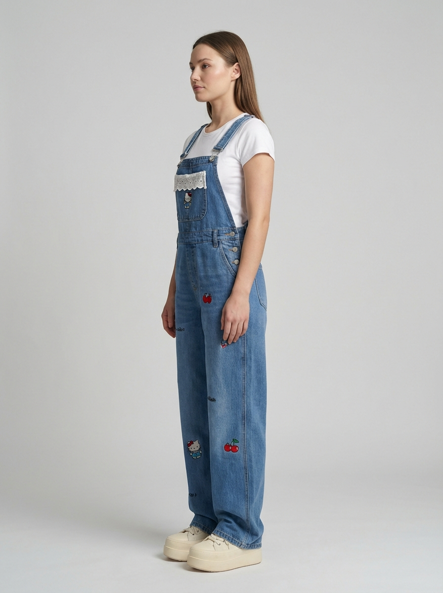 Plus Size Cartoon Cat Denim Overalls, Retro Street Style, Loose Wide-Leg Floor-Length Jumpsuit