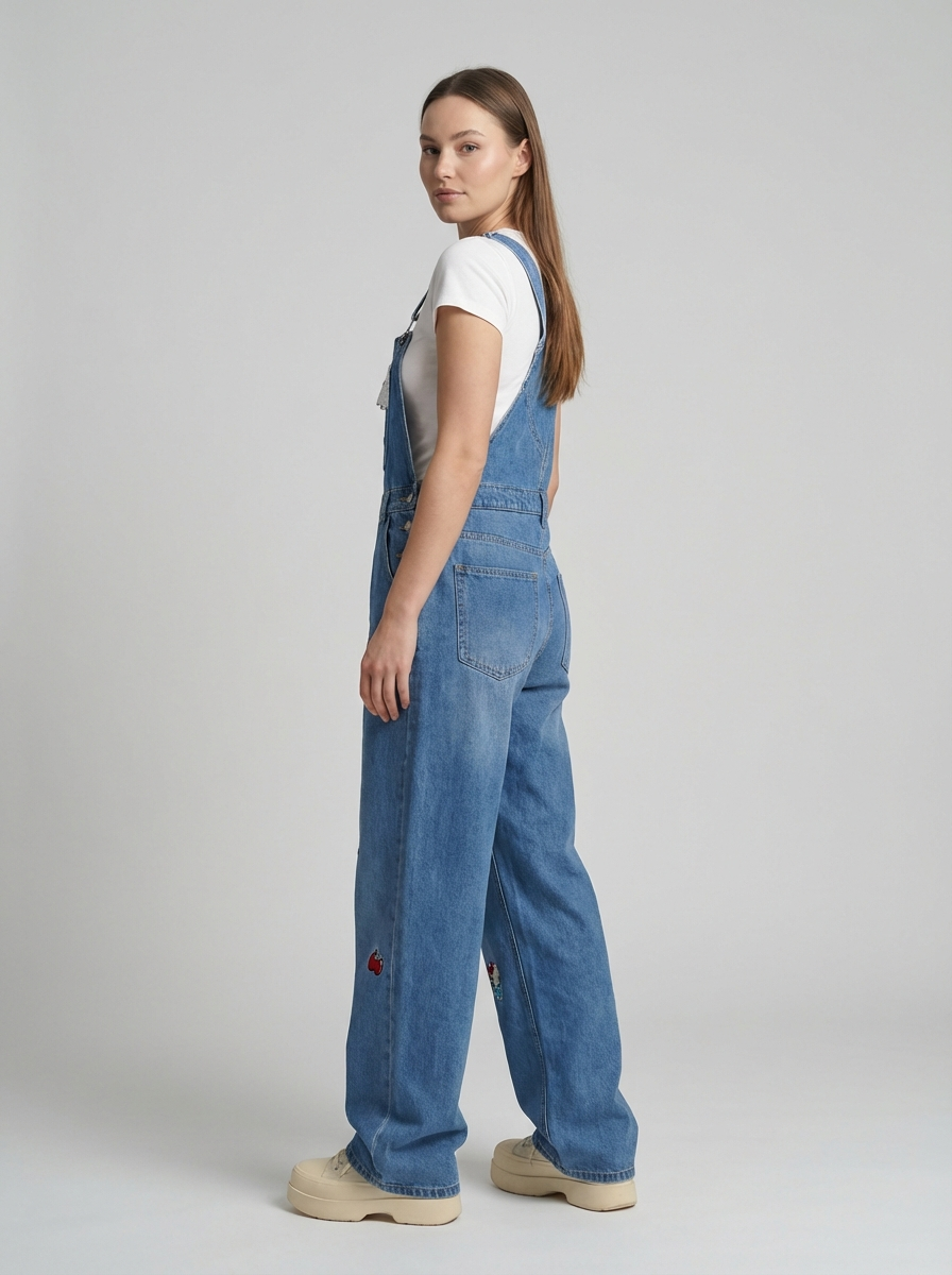 Plus Size Cartoon Cat Denim Overalls, Retro Street Style, Loose Wide-Leg Floor-Length Jumpsuit