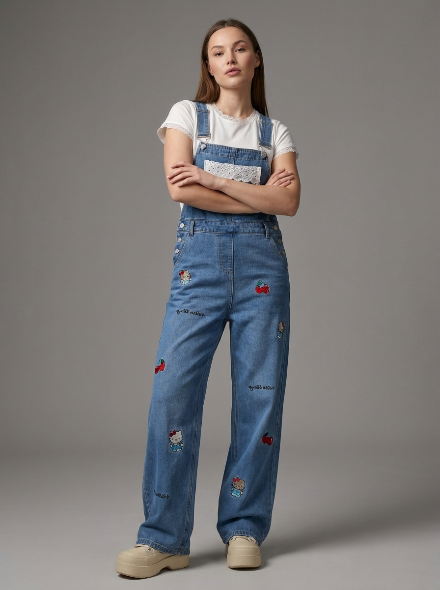 Plus Size Cartoon Cat Denim Overalls, Retro Street Style, Loose Wide-Leg Floor-Length Jumpsuit