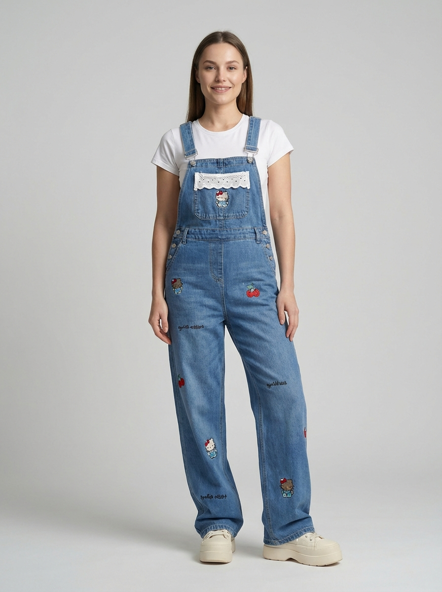 Plus Size Cartoon Cat Denim Overalls, Retro Street Style, Loose Wide-Leg Floor-Length Jumpsuit