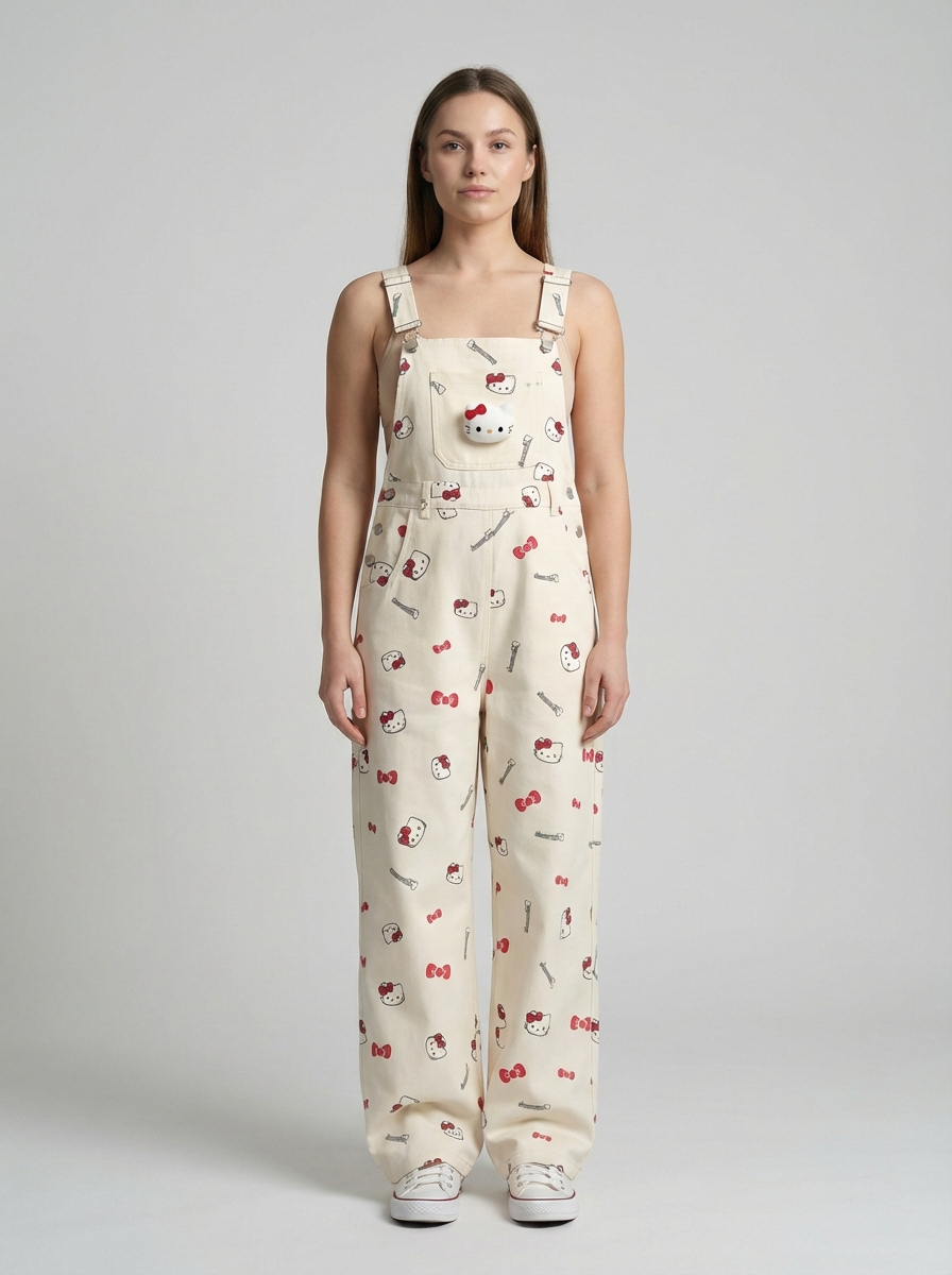 Plus Size Cartoon Cat Denim Overalls, Cute Retro Style, Straight Loose-Fit Jumpsuit