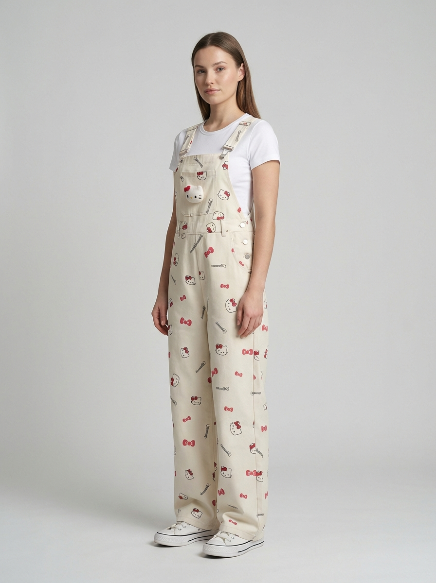 Plus Size Cartoon Cat Denim Overalls, Cute Retro Style, Straight Loose-Fit Jumpsuit