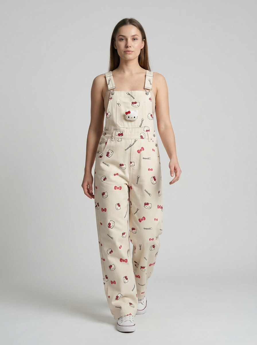 Plus Size Cartoon Cat Denim Overalls, Cute Retro Style, Straight Loose-Fit Jumpsuit