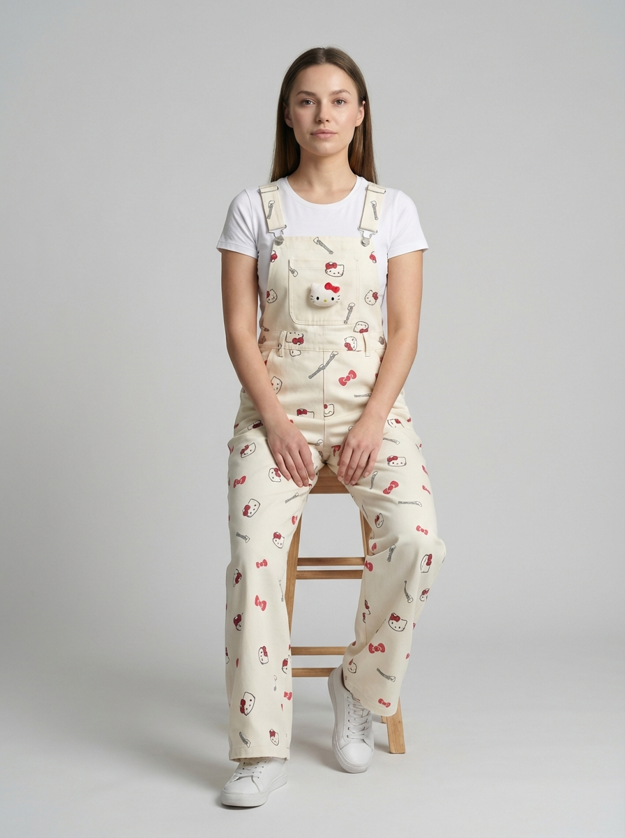 Plus Size Cartoon Cat Denim Overalls, Cute Retro Style, Straight Loose-Fit Jumpsuit