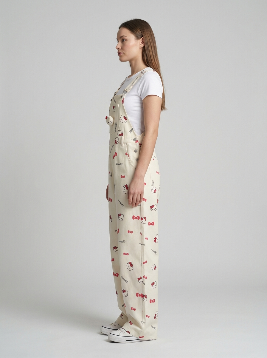 Plus Size Cartoon Cat Denim Overalls, Cute Retro Style, Straight Loose-Fit Jumpsuit