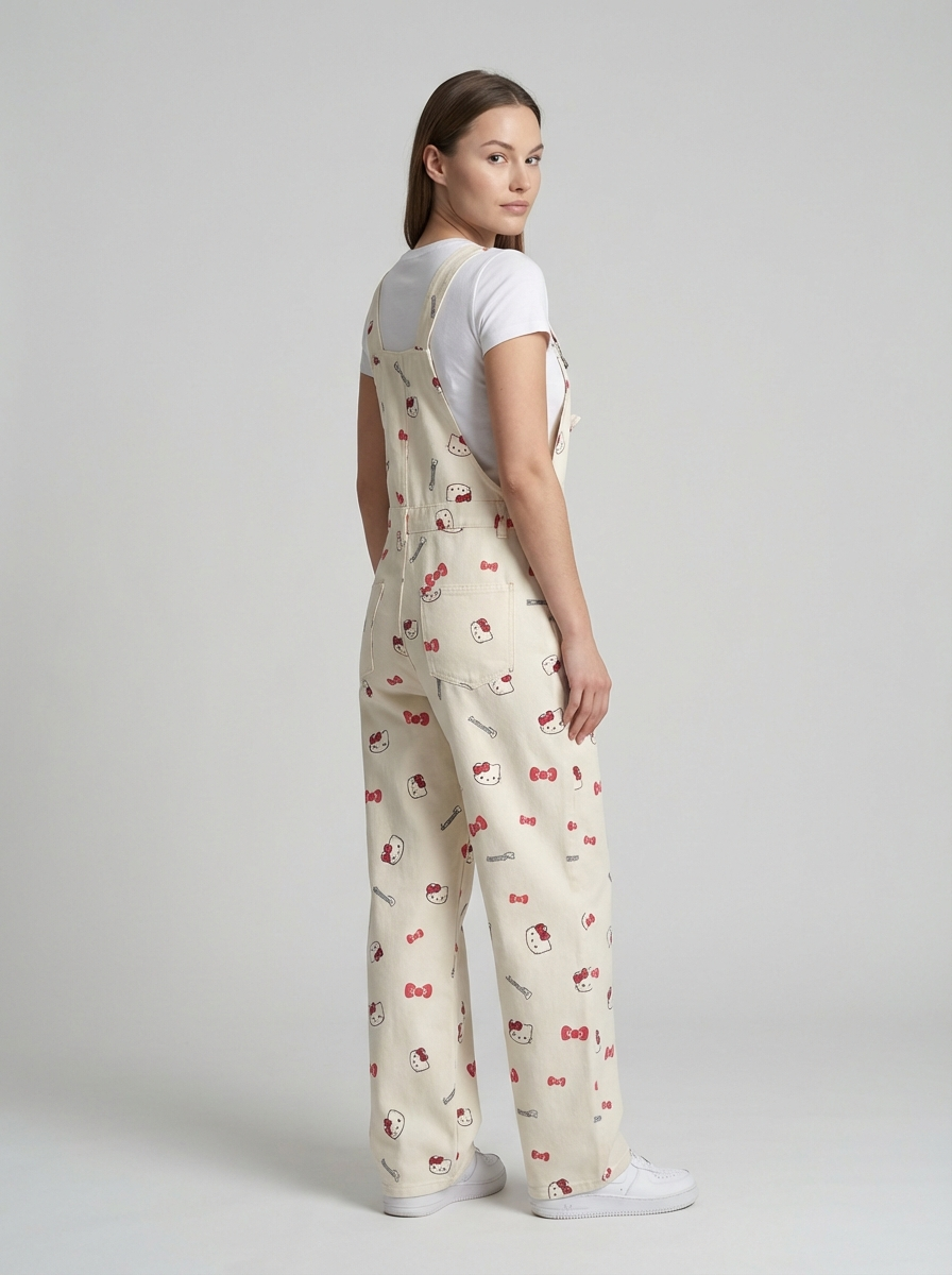 Plus Size Cartoon Cat Denim Overalls, Cute Retro Style, Straight Loose-Fit Jumpsuit