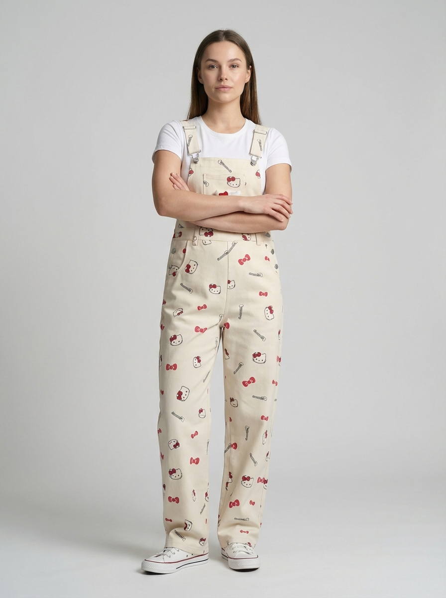 Plus Size Cartoon Cat Denim Overalls, Cute Retro Style, Straight Loose-Fit Jumpsuit