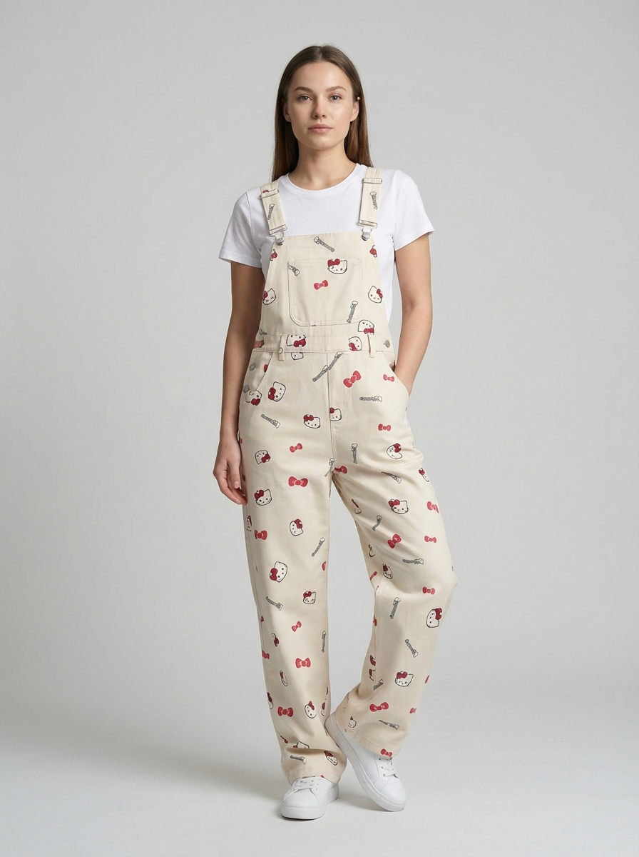 Plus Size Cartoon Cat Denim Overalls, Cute Retro Style, Straight Loose-Fit Jumpsuit