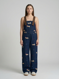 Plus Size Puppy Embroidered Denim Overalls, American Retro Style, High-Waist Relaxed Fit Jumpsuit