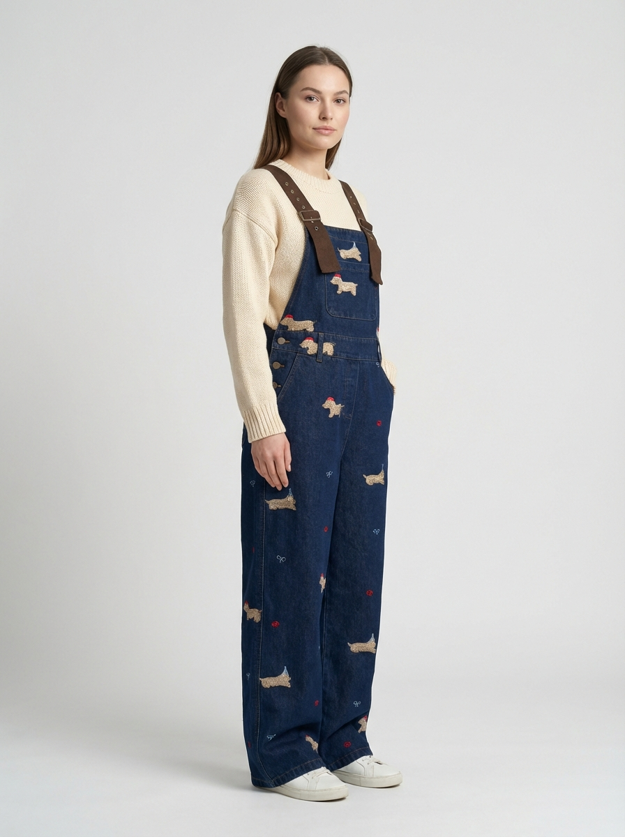 Plus Size Puppy Embroidered Denim Overalls, American Retro Style, High-Waist Relaxed Fit Jumpsuit