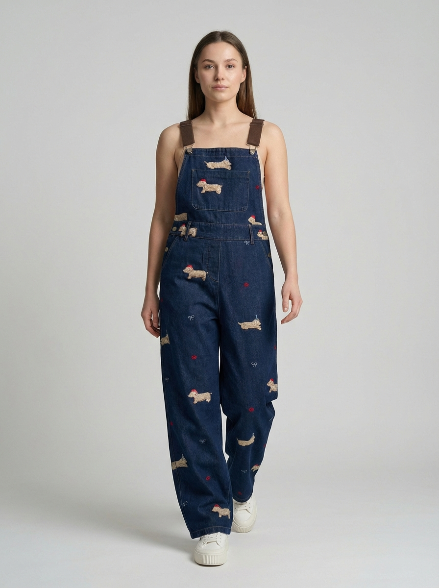 Plus Size Puppy Embroidered Denim Overalls, American Retro Style, High-Waist Relaxed Fit Jumpsuit