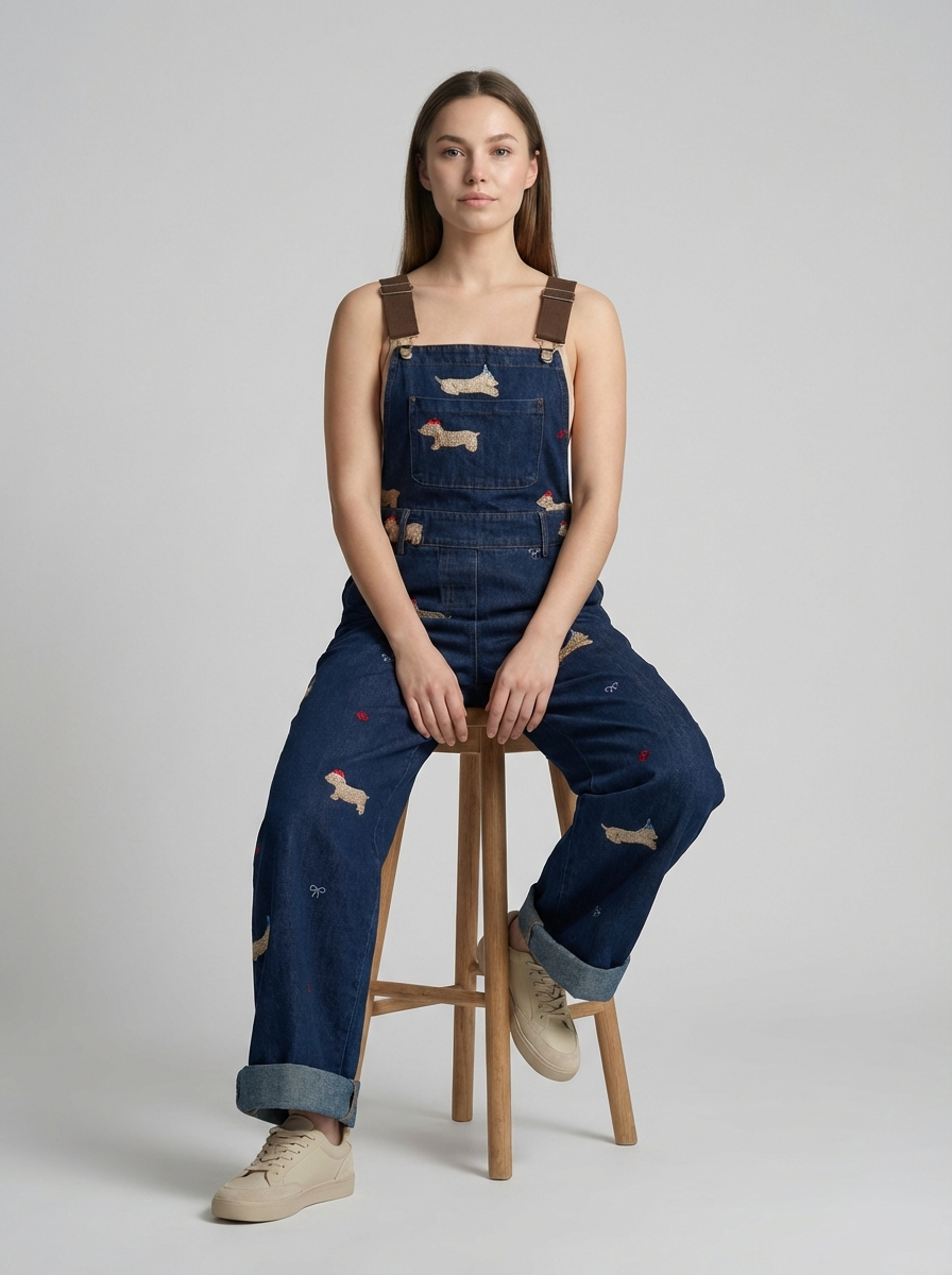 Plus Size Puppy Embroidered Denim Overalls, American Retro Style, High-Waist Relaxed Fit Jumpsuit
