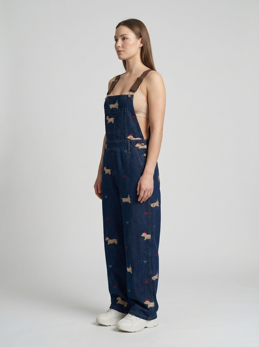 Plus Size Puppy Embroidered Denim Overalls, American Retro Style, High-Waist Relaxed Fit Jumpsuit