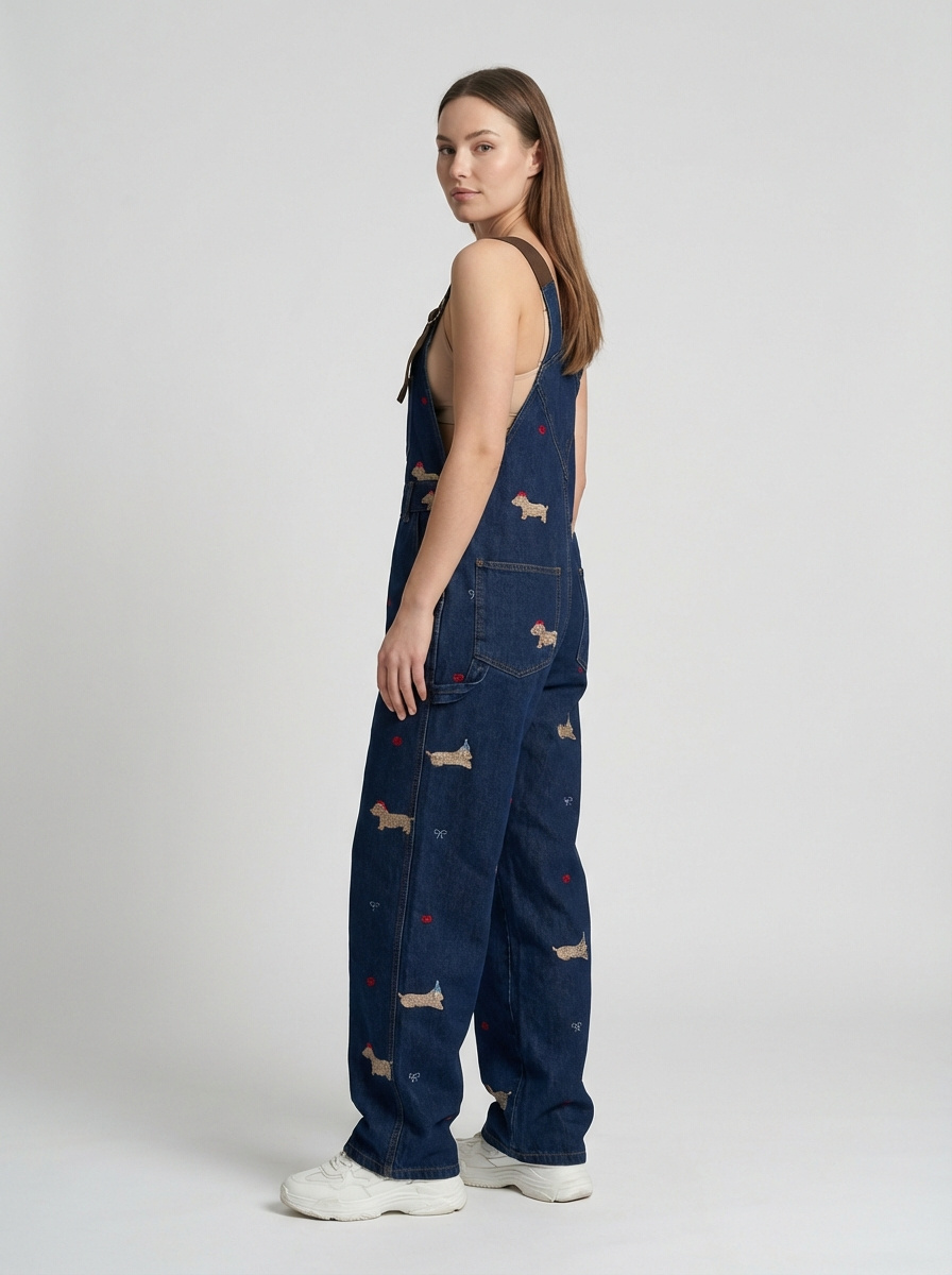 Plus Size Puppy Embroidered Denim Overalls, American Retro Style, High-Waist Relaxed Fit Jumpsuit