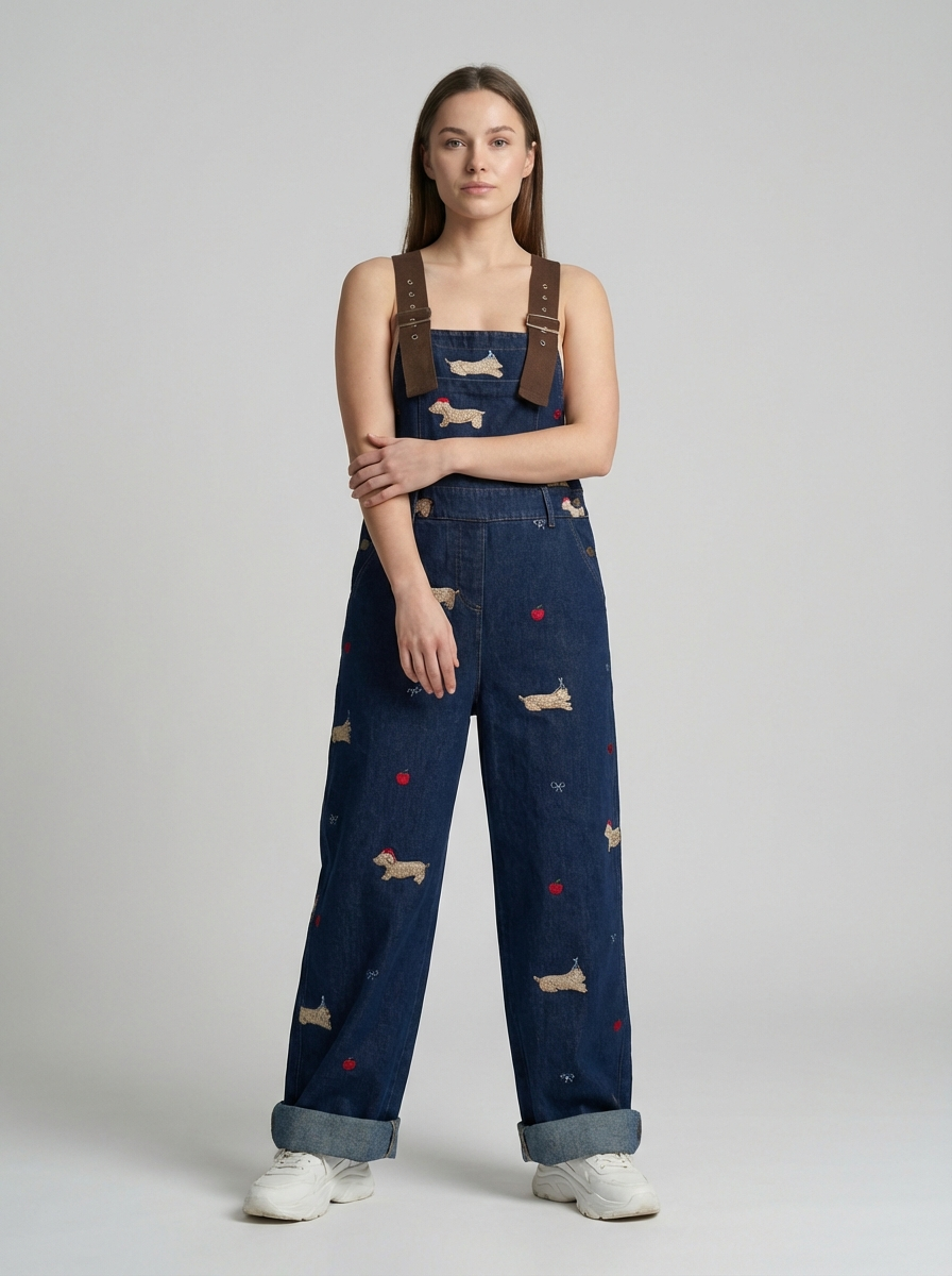 Plus Size Puppy Embroidered Denim Overalls, American Retro Style, High-Waist Relaxed Fit Jumpsuit
