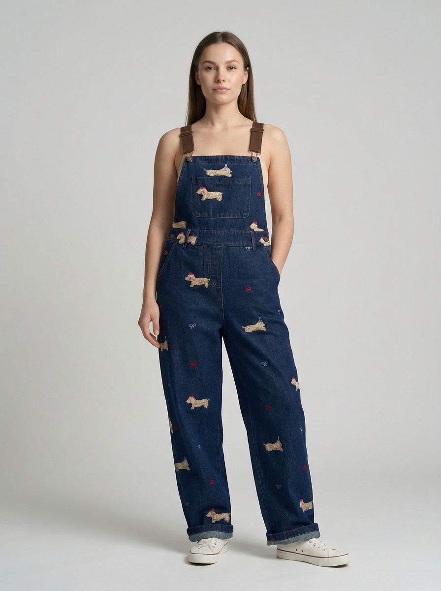 Plus Size Puppy Embroidered Denim Overalls, American Retro Style, High-Waist Relaxed Fit Jumpsuit