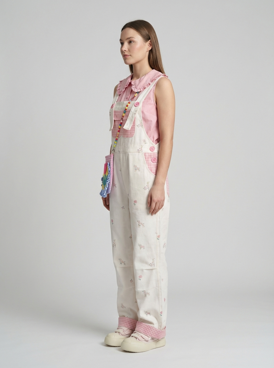 Plus Size Floral Print Denim Overalls, Sweet Retro Style, High-Waist Relaxed Fit Jumpsuit