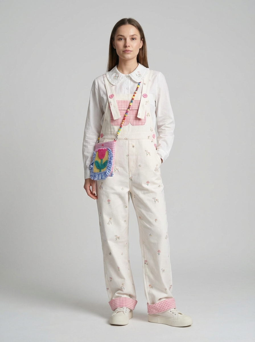 Plus Size Floral Print Denim Overalls, Sweet Retro Style, High-Waist Relaxed Fit Jumpsuit