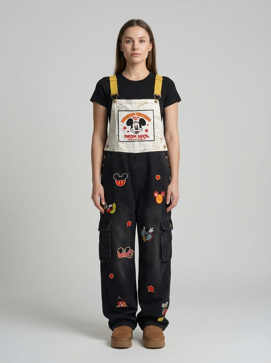 Plus Size Graphic Patch Denim Overalls, Vintage Streetwear Style, High-Waist Wide-Leg Jumpsuit
