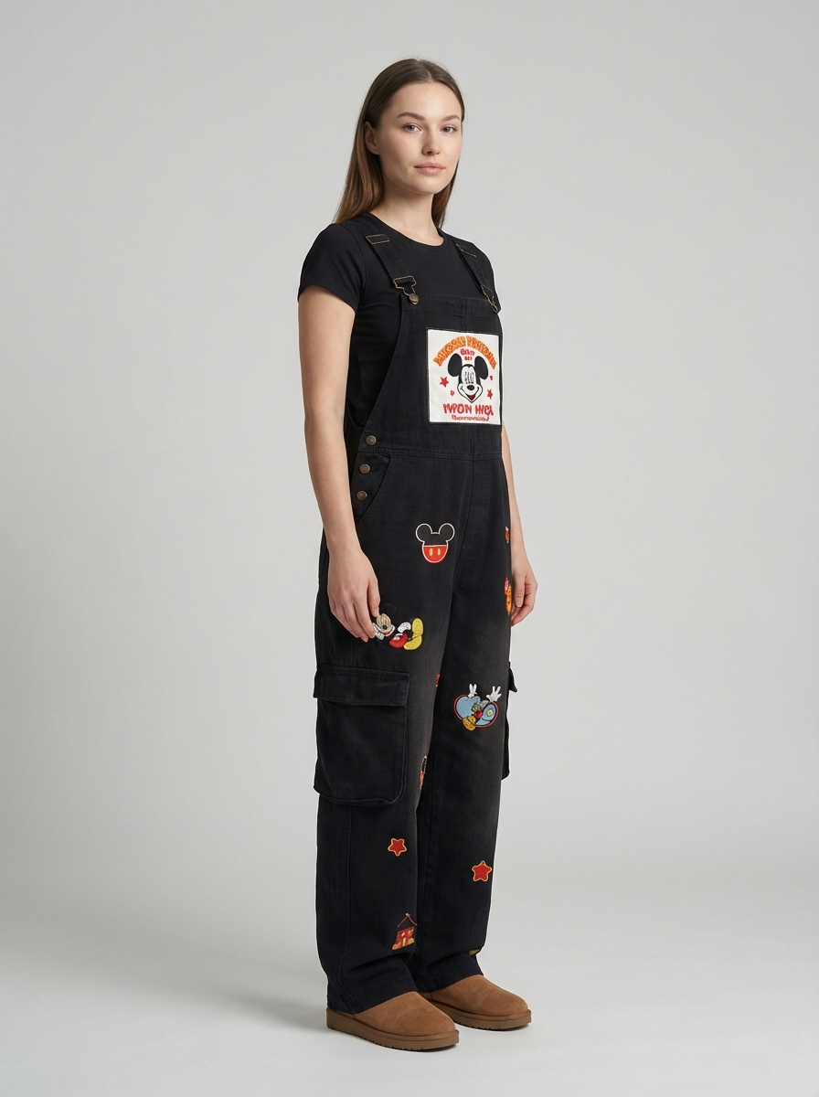 Plus Size Graphic Patch Denim Overalls, Vintage Streetwear Style, High-Waist Wide-Leg Jumpsuit