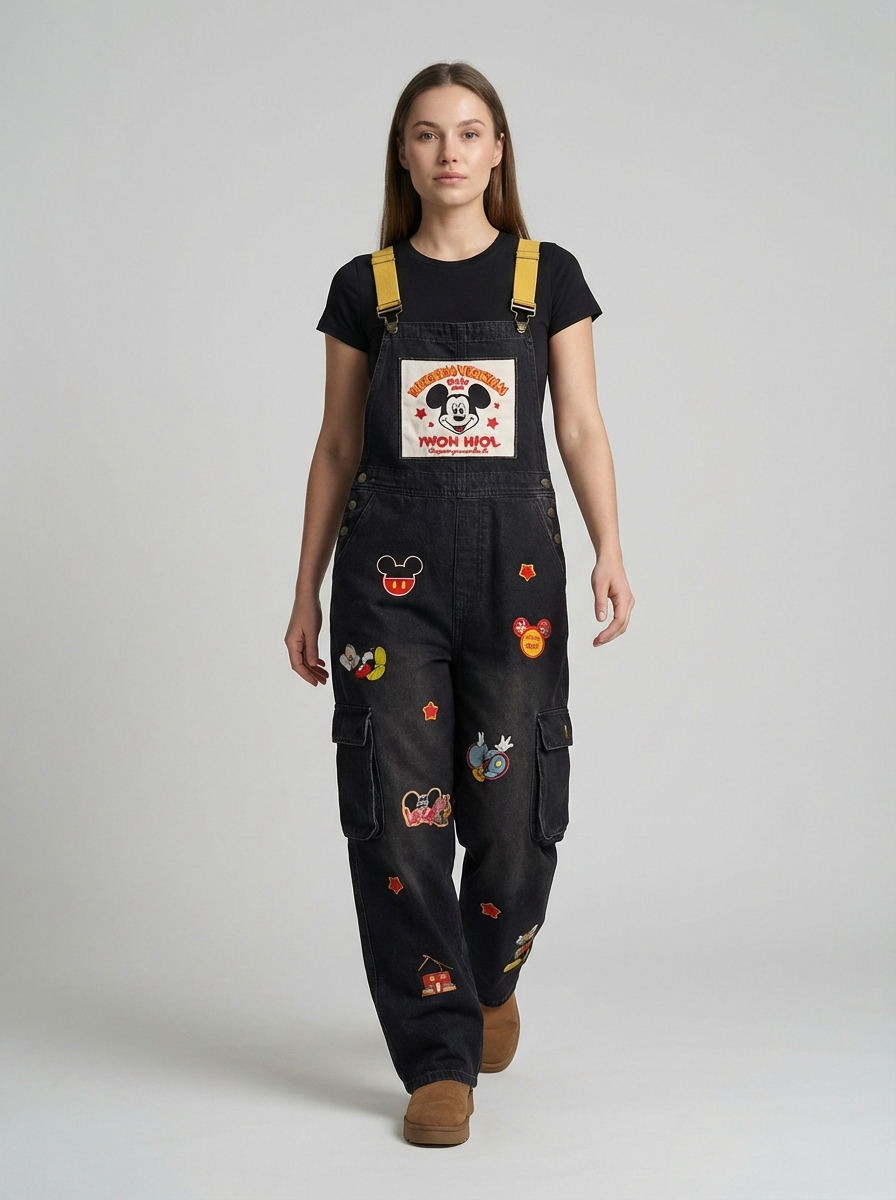 Plus Size Graphic Patch Denim Overalls, Vintage Streetwear Style, High-Waist Wide-Leg Jumpsuit