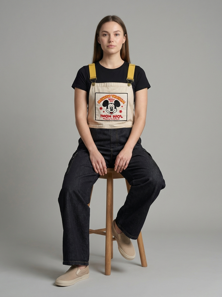 Plus Size Graphic Patch Denim Overalls, Vintage Streetwear Style, High-Waist Wide-Leg Jumpsuit