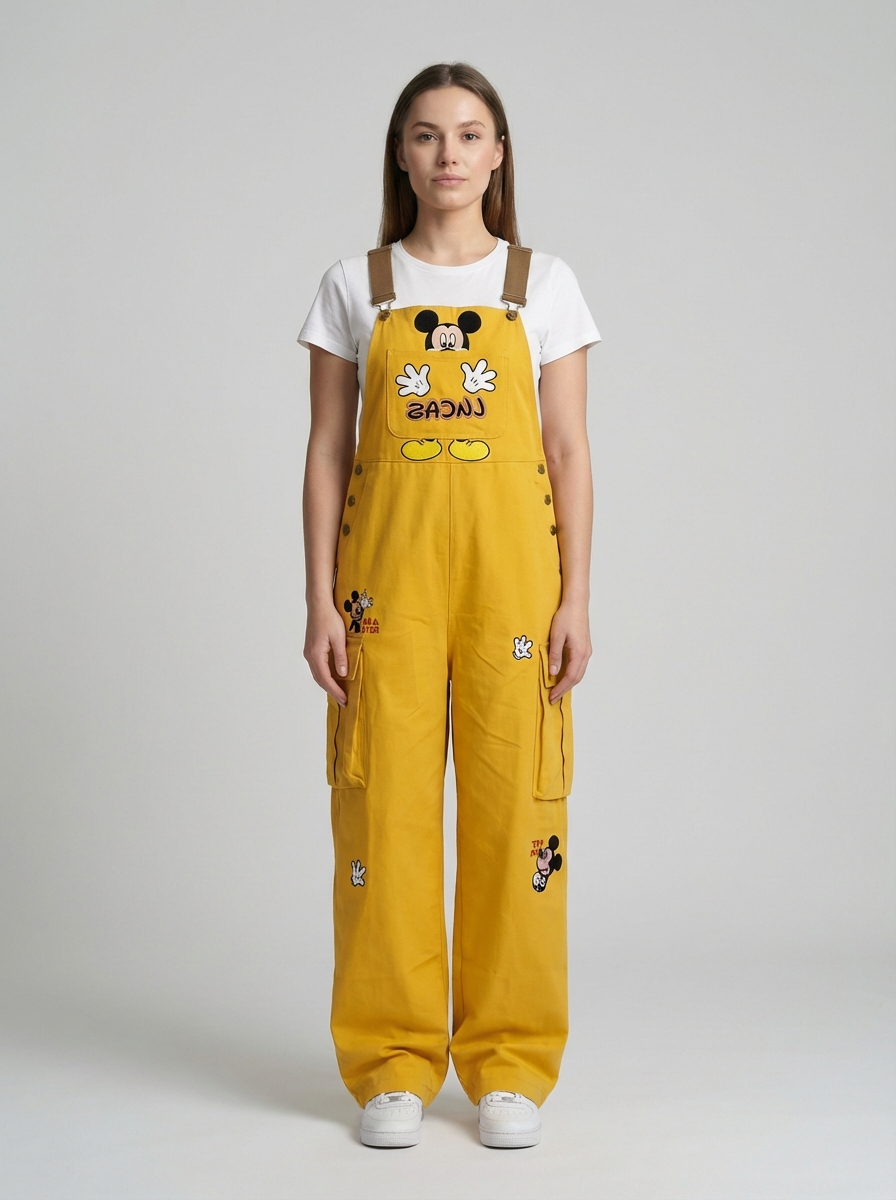 Plus Size Cartoon Character Denim Overalls, Playful Retro Style, High-Waist Relaxed Fit Jumpsuit