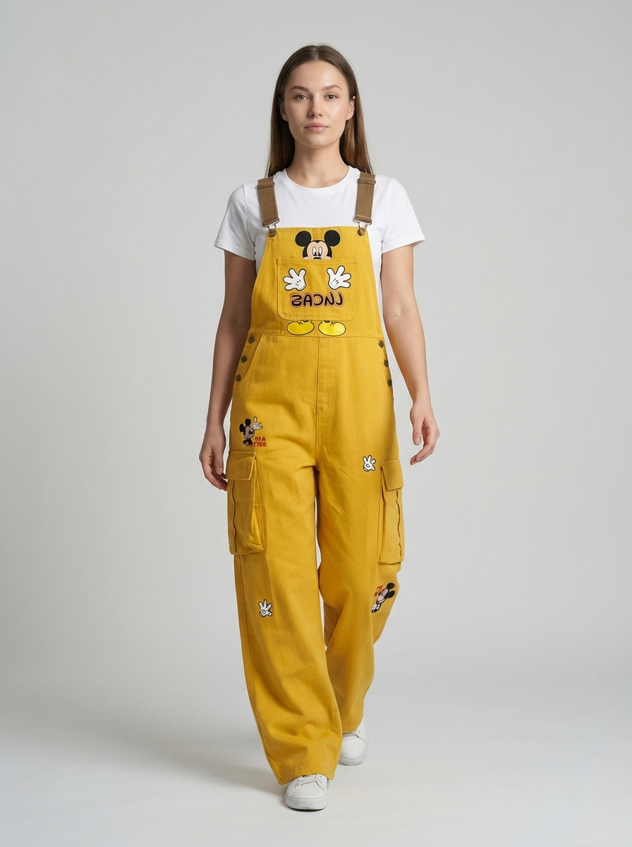Plus Size Cartoon Character Denim Overalls, Playful Retro Style, High-Waist Relaxed Fit Jumpsuit