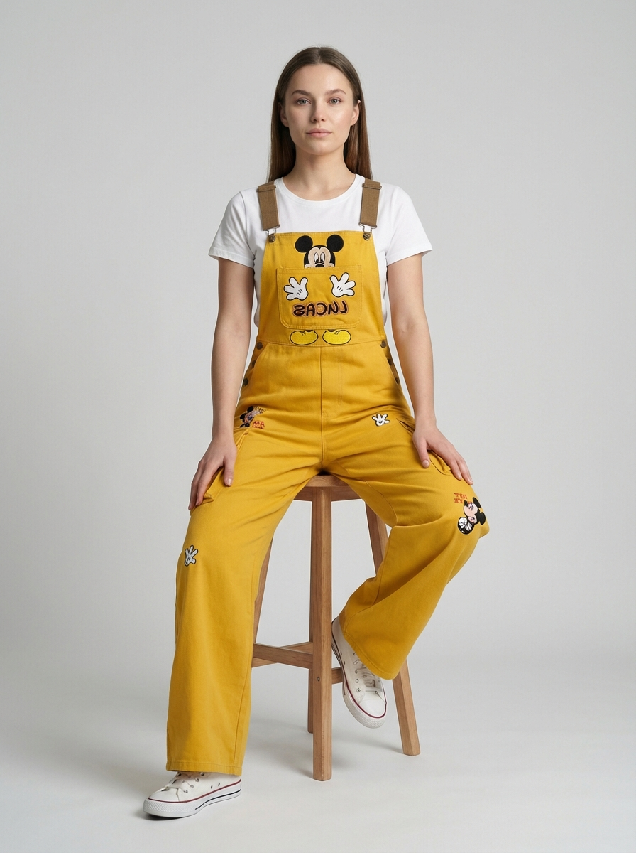 Plus Size Cartoon Character Denim Overalls, Playful Retro Style, High-Waist Relaxed Fit Jumpsuit