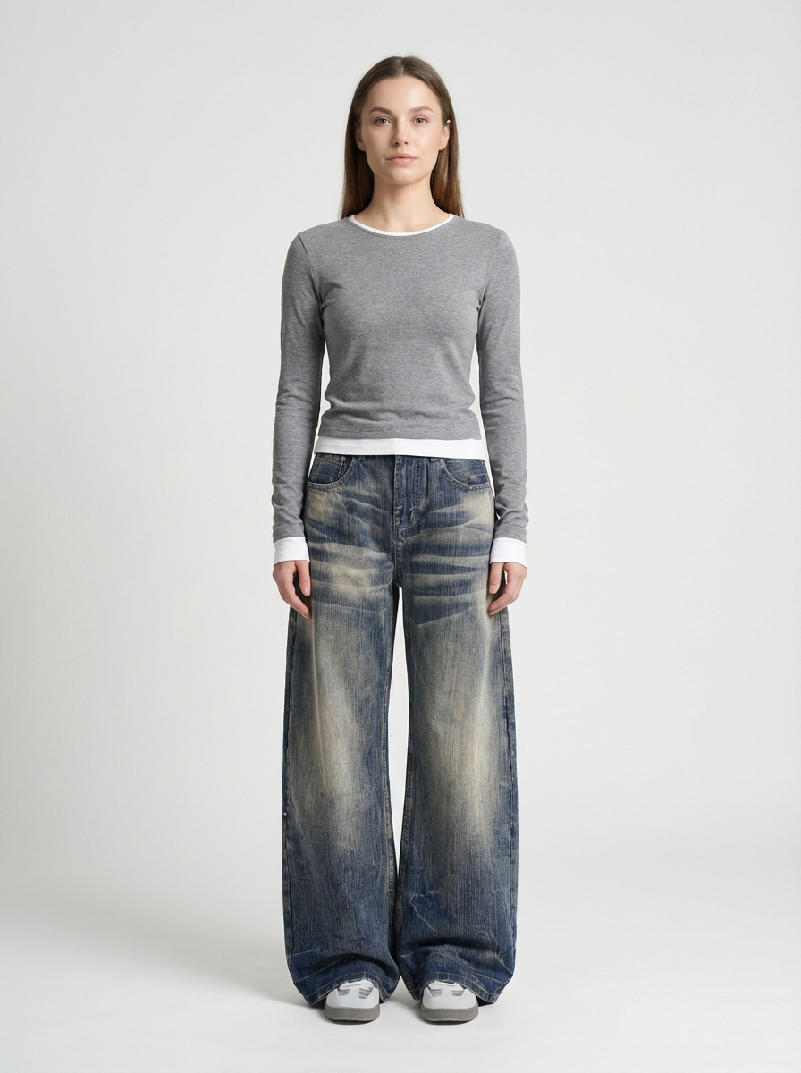 American Retro Washed Wide-Leg Jeans, High-Waist Straight Fit, Floor-Length Denim Pants