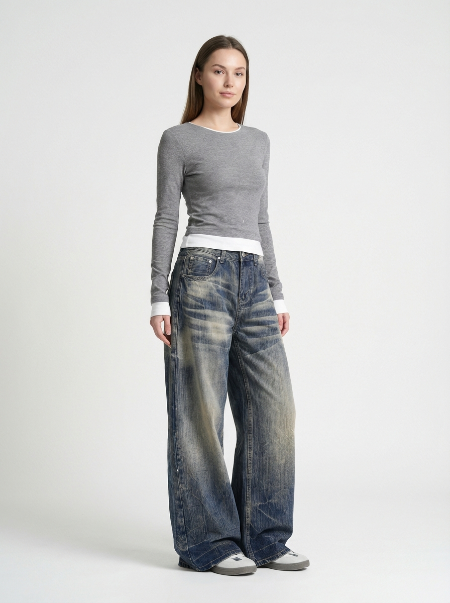 American Retro Washed Wide-Leg Jeans, High-Waist Straight Fit, Floor-Length Denim Pants