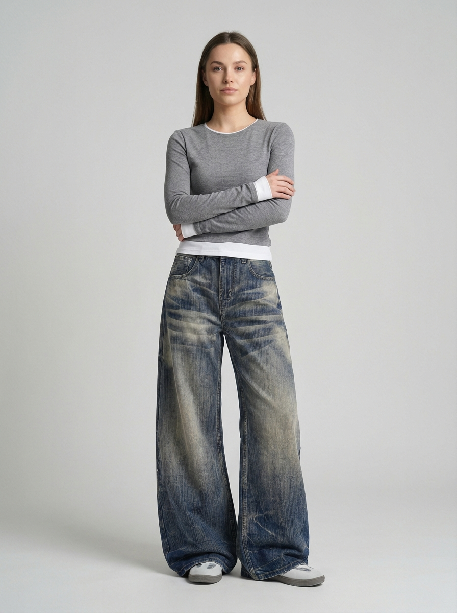 American Retro Washed Wide-Leg Jeans, High-Waist Straight Fit, Floor-Length Denim Pants