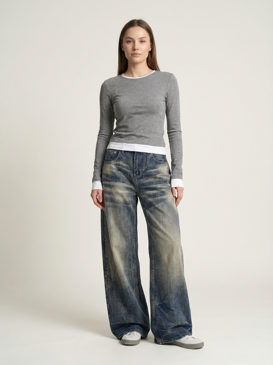 American Retro Washed Wide-Leg Jeans, High-Waist Straight Fit, Floor-Length Denim Pants