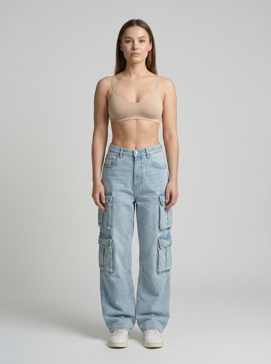 American Street Style Cargo Jeans, Multi-Pocket Straight Leg, Loose Wide-Leg Pants