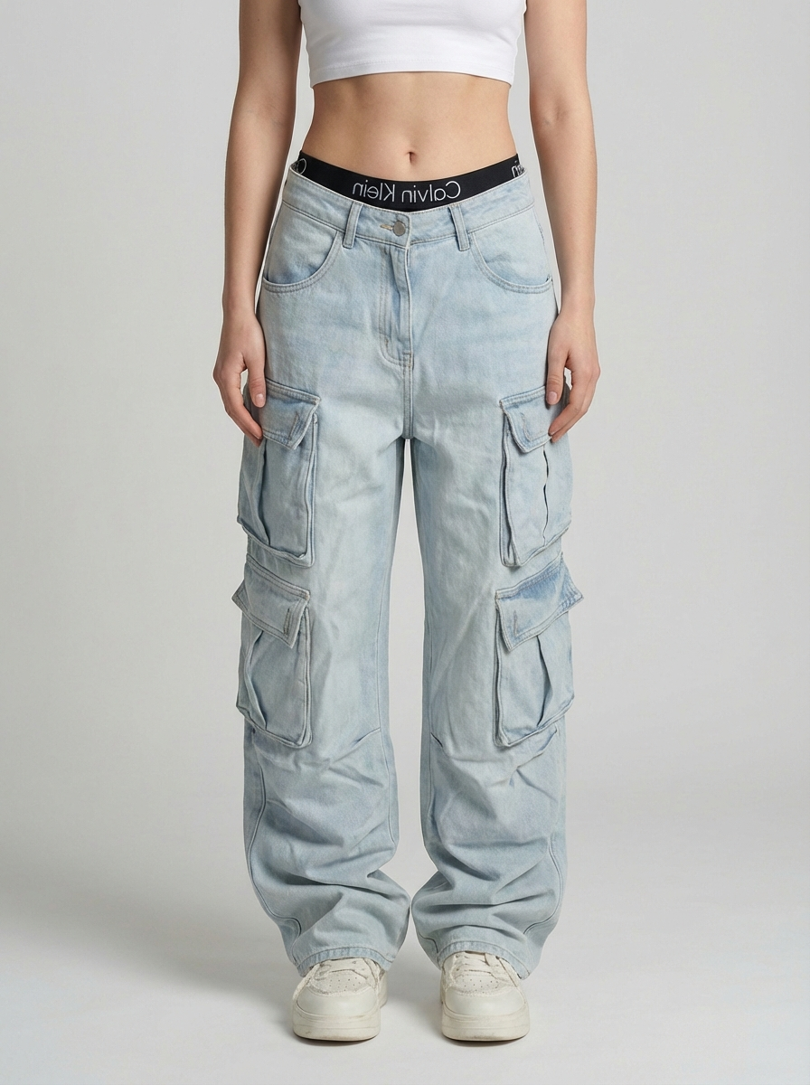 American Street Style Cargo Jeans, Multi-Pocket Straight Leg, Loose Wide-Leg Pants