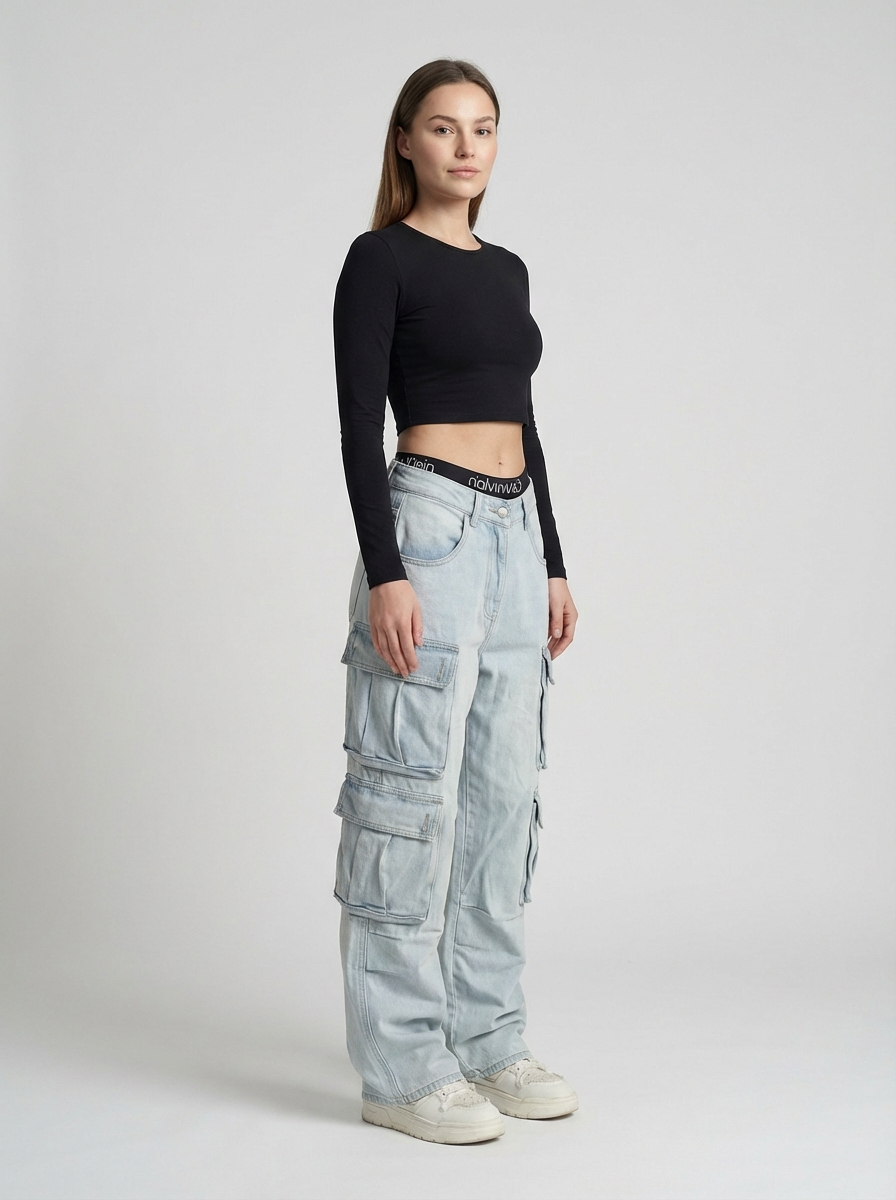 American Street Style Cargo Jeans, Multi-Pocket Straight Leg, Loose Wide-Leg Pants