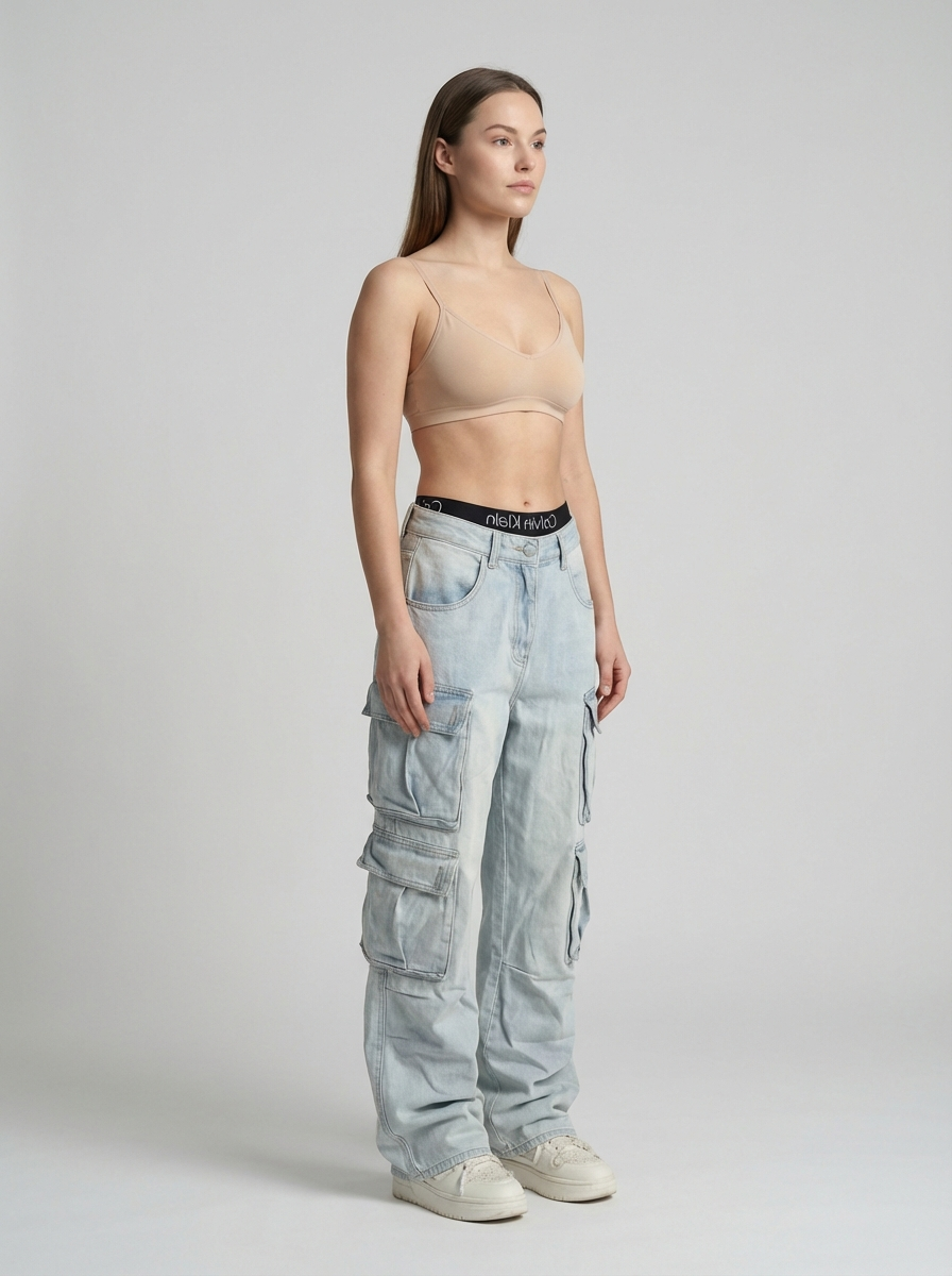 American Street Style Cargo Jeans, Multi-Pocket Straight Leg, Loose Wide-Leg Pants