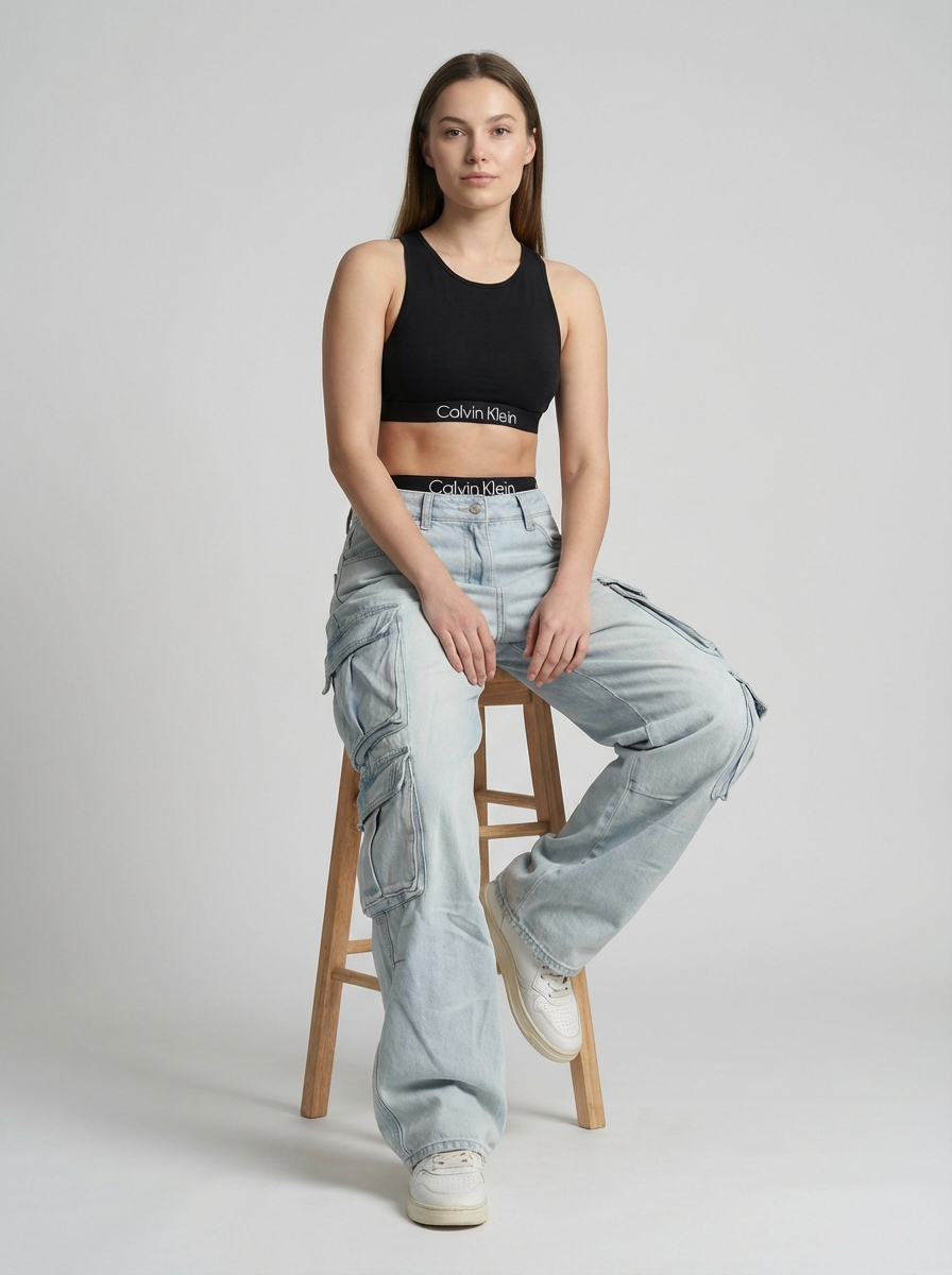 American Street Style Cargo Jeans, Multi-Pocket Straight Leg, Loose Wide-Leg Pants