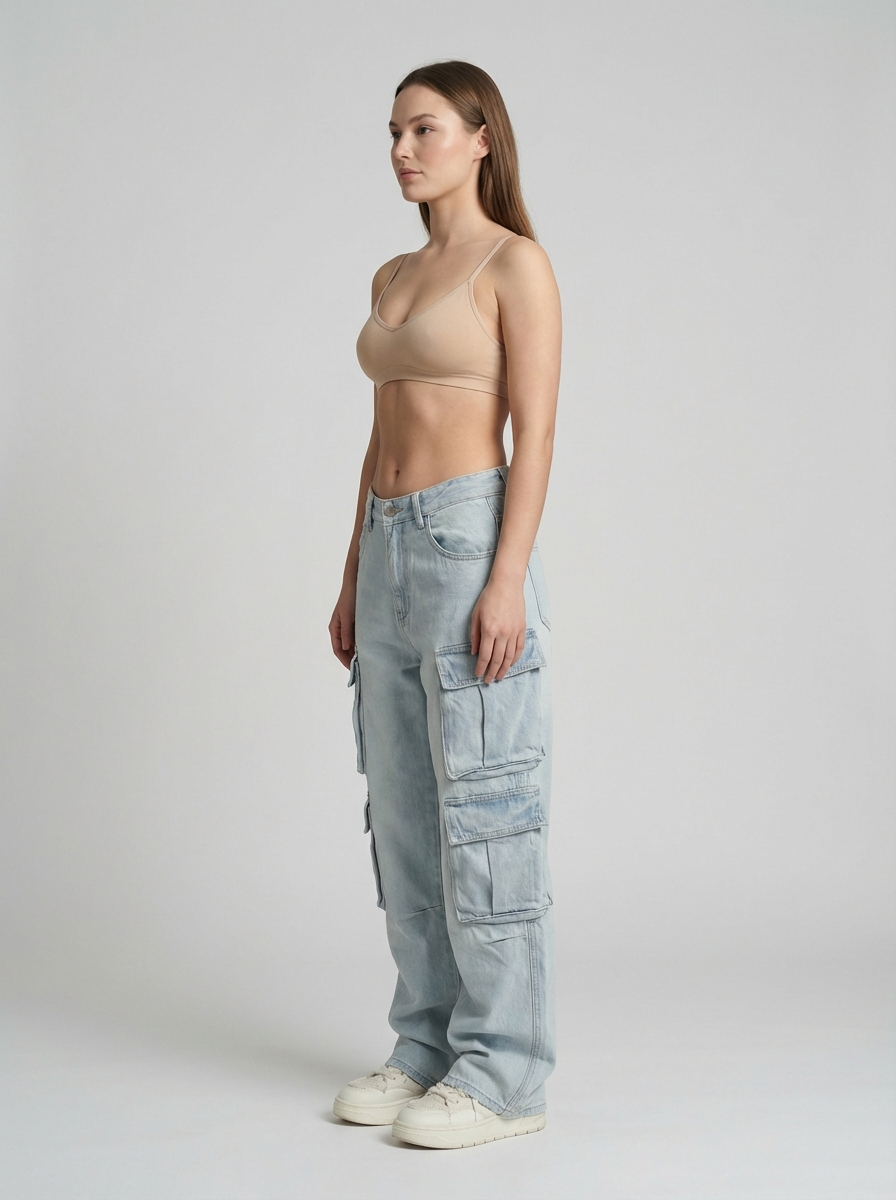 American Street Style Cargo Jeans, Multi-Pocket Straight Leg, Loose Wide-Leg Pants