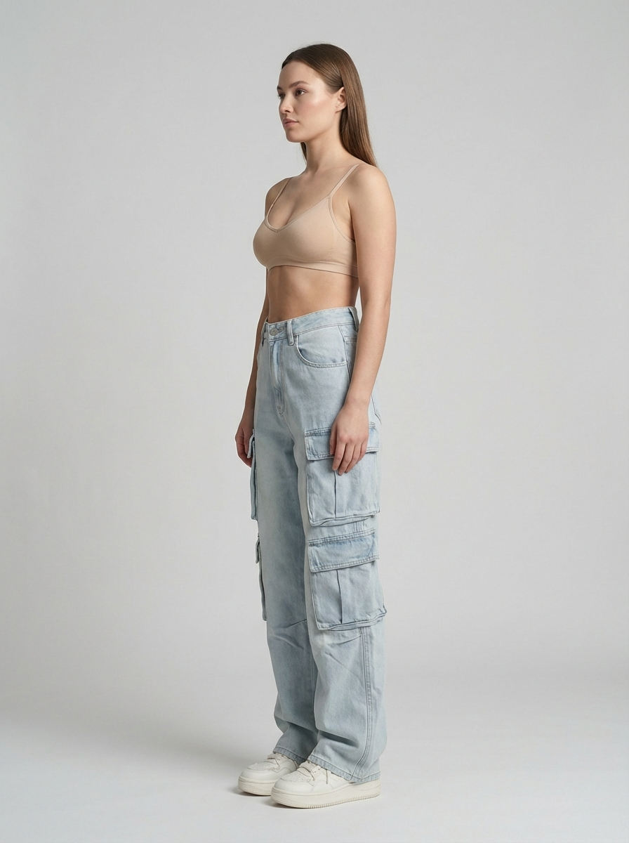 American Street Style Cargo Jeans, Multi-Pocket Straight Leg, Loose Wide-Leg Pants