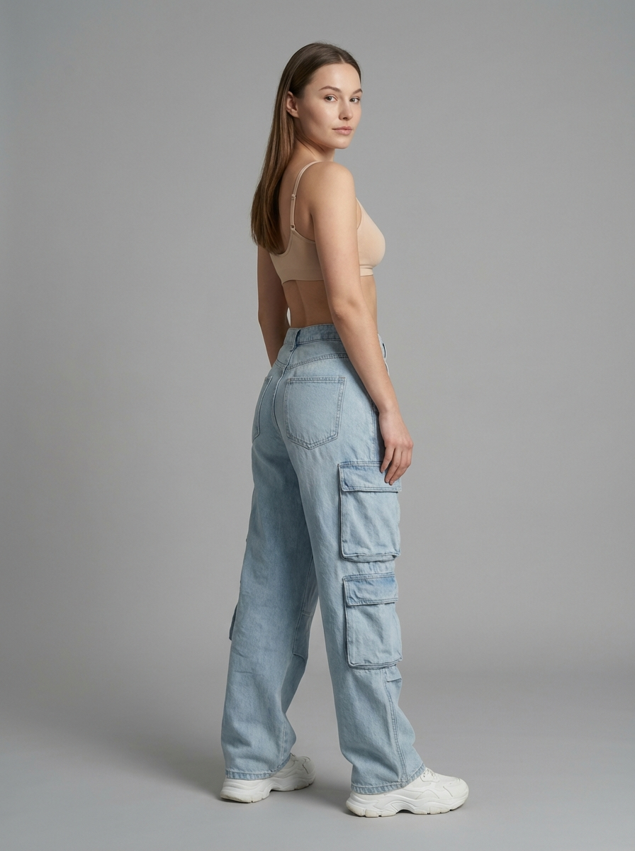 American Street Style Cargo Jeans, Multi-Pocket Straight Leg, Loose Wide-Leg Pants