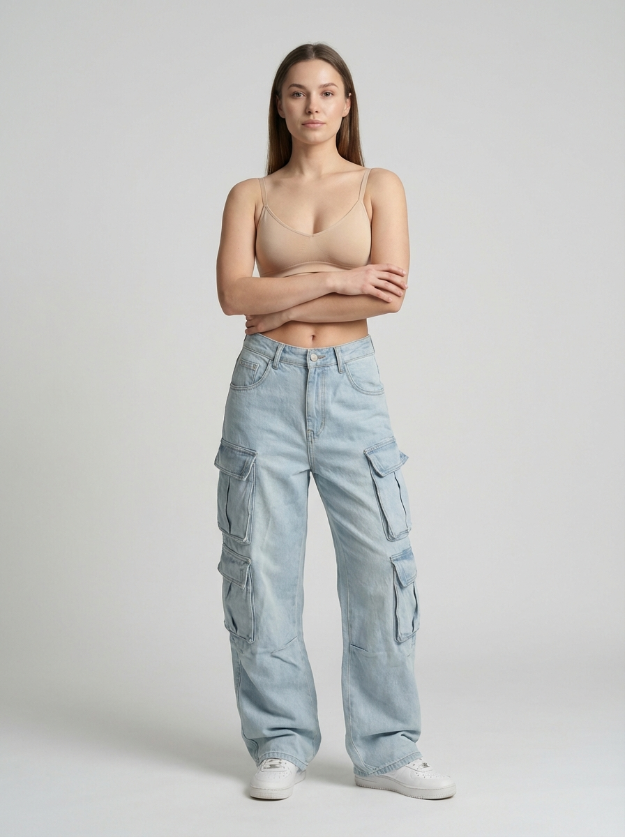 American Street Style Cargo Jeans, Multi-Pocket Straight Leg, Loose Wide-Leg Pants