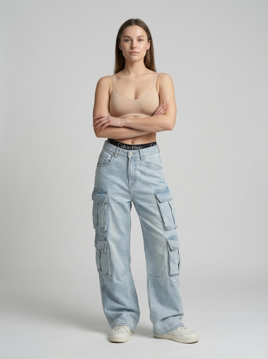 American Street Style Cargo Jeans, Multi-Pocket Straight Leg, Loose Wide-Leg Pants