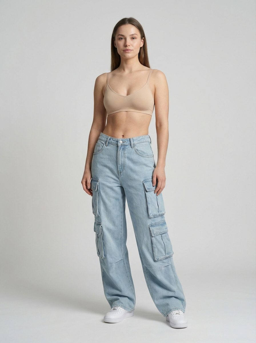 American Street Style Cargo Jeans, Multi-Pocket Straight Leg, Loose Wide-Leg Pants